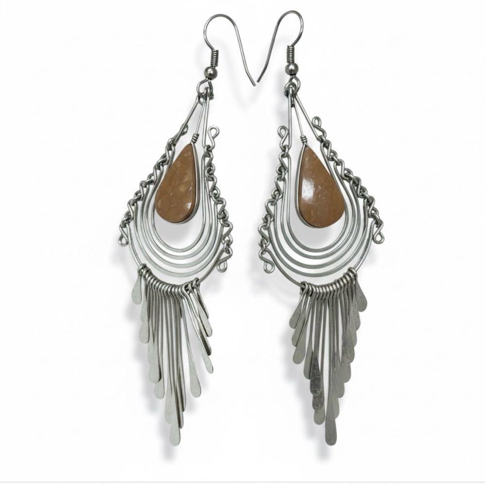 Boho Chandelier Dangle Earrings Silver Tone Brown Stone Fringe